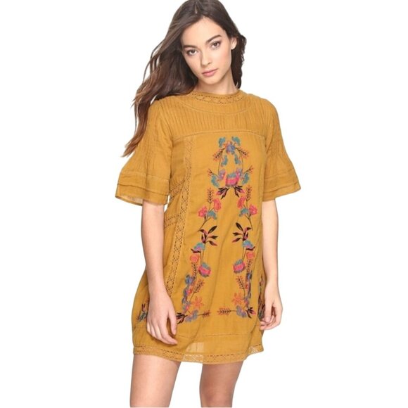 Free People Victorian Mini Dress Mustard Embroidered A Line Bohemian Size L - Picture 1 of 12